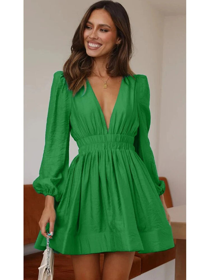 Women's Deep V-Neck Mini Dress Lantern Sleeve – Ruched Waist A-Line