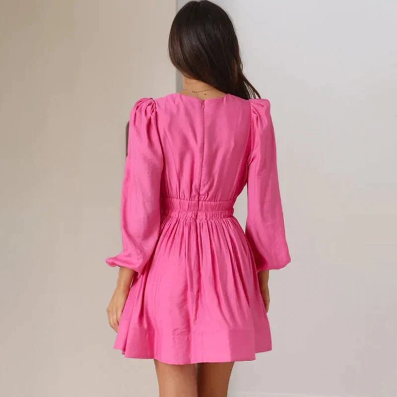 Women's Deep V-Neck Mini Dress Lantern Sleeve – Ruched Waist A-Line