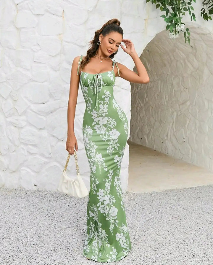 Women's Floral Maxi Dress Square Neck Spaghetti Straps – Bow Stretch