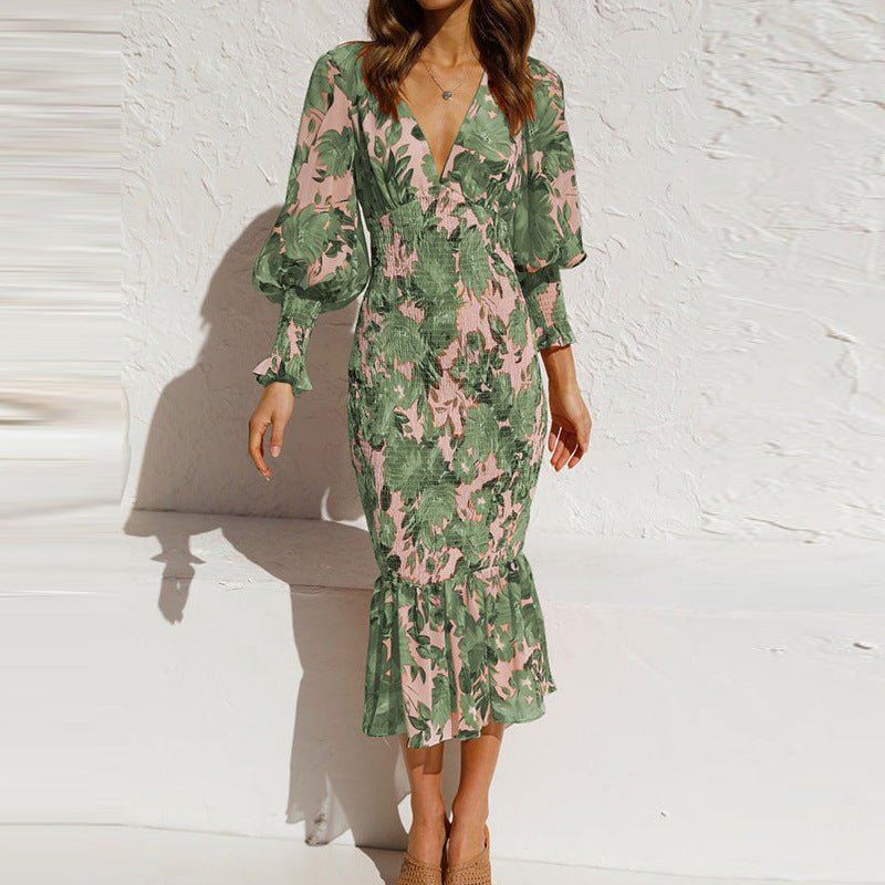 Floral Midi Dress – V-Neckline & Voluminous Sleeves | Women's