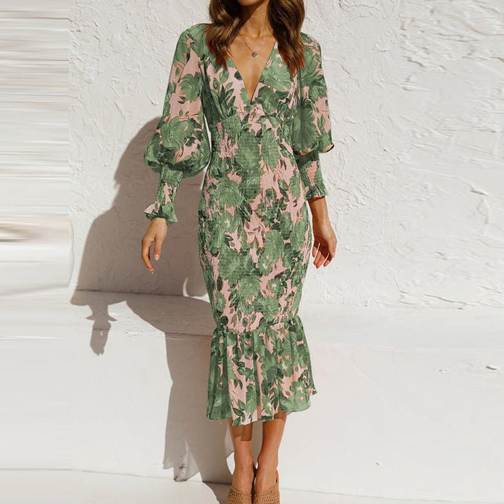 Floral Midi Dress – V-Neckline & Voluminous Sleeves | Women's