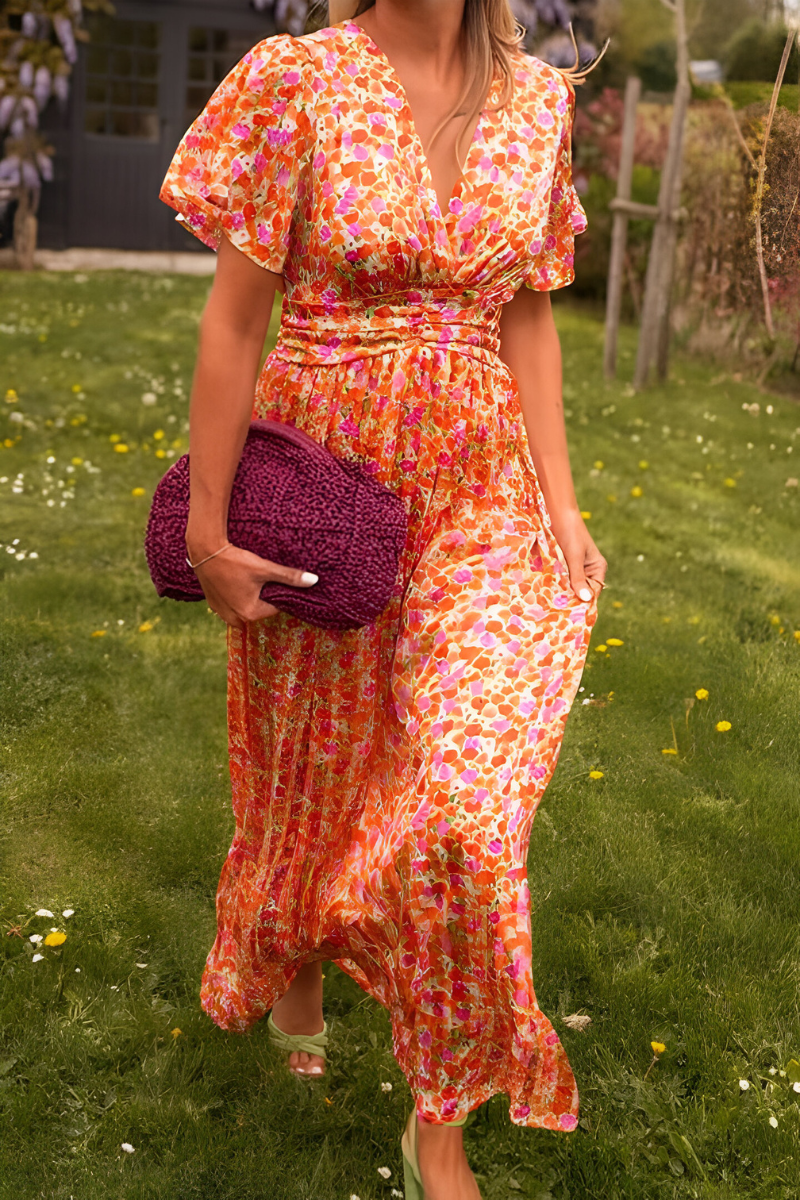 Women's Floral Maxi Dress Deep V-Neck – Short Sleeves Flowing Skirt