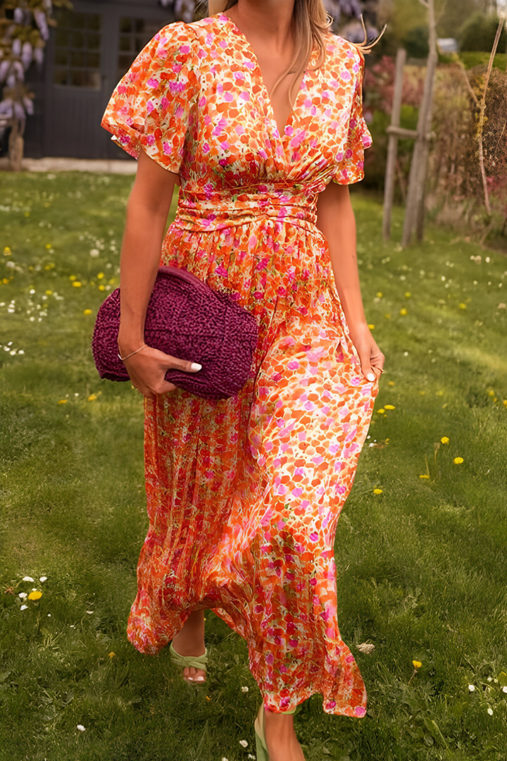 Women's Floral Maxi Dress Deep V-Neck – Short Sleeves Flowing Skirt