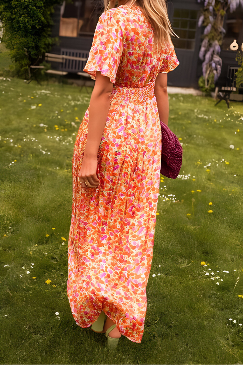 Women's Floral Maxi Dress Deep V-Neck – Short Sleeves Flowing Skirt
