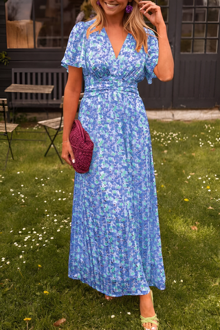 Women's Floral Maxi Dress Deep V-Neck – Short Sleeves Flowing Skirt