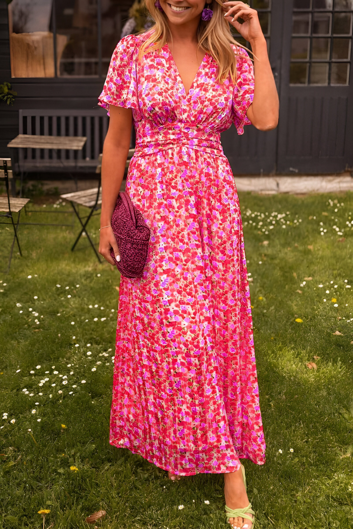 Women's Floral Maxi Dress Deep V-Neck – Short Sleeves Flowing Skirt