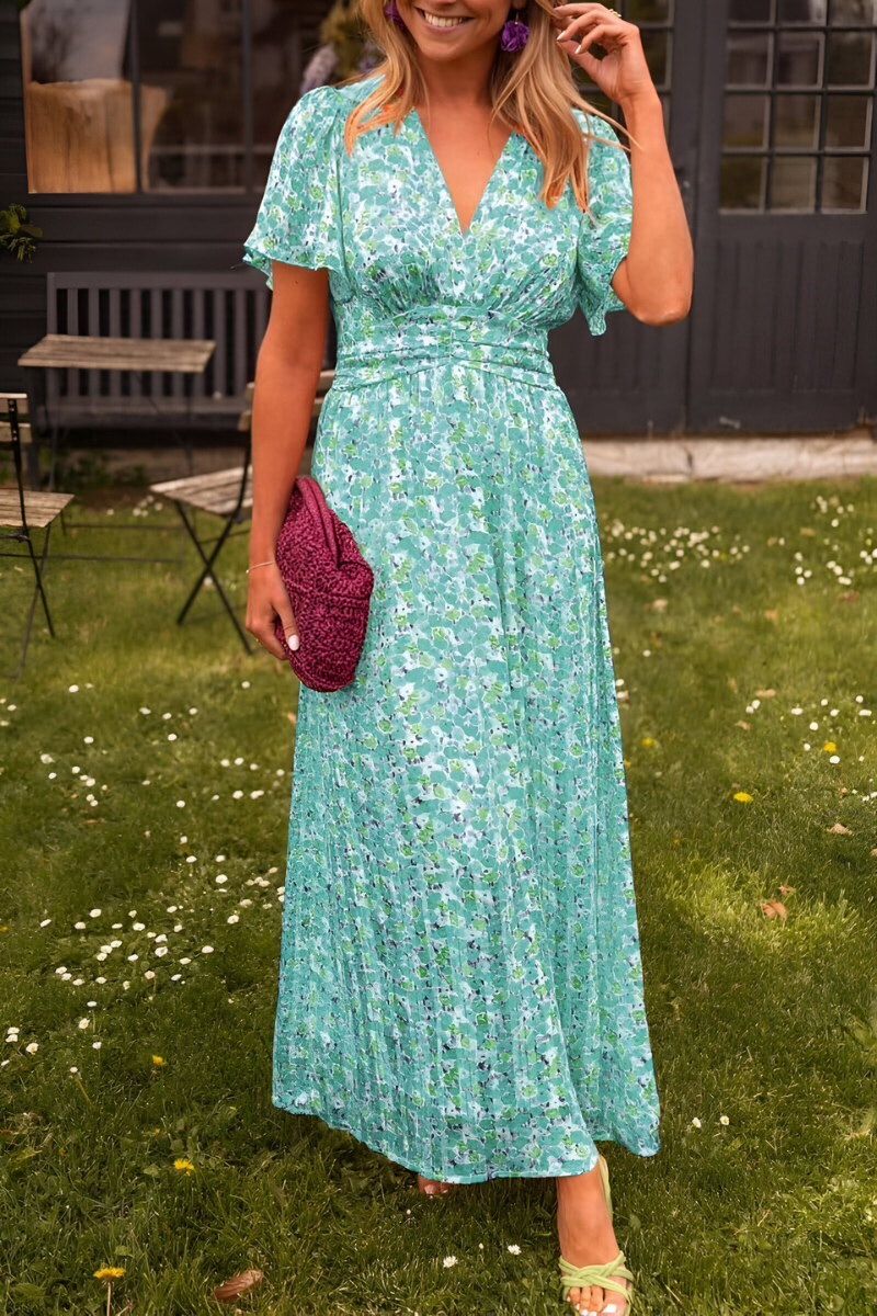 Women's Floral Maxi Dress Deep V-Neck – Short Sleeves Flowing Skirt