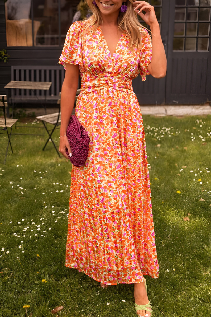 Women's Floral Maxi Dress Deep V-Neck – Short Sleeves Flowing Skirt