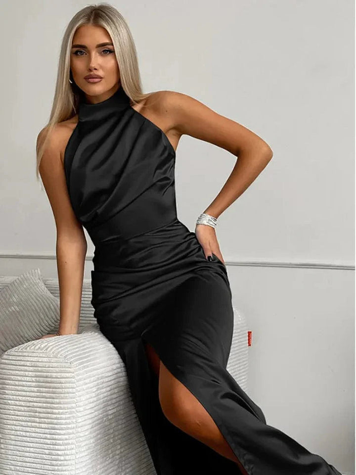 Women's Satin Halter Maxi Dress High Neck – Flowing High Leg Slit Gown