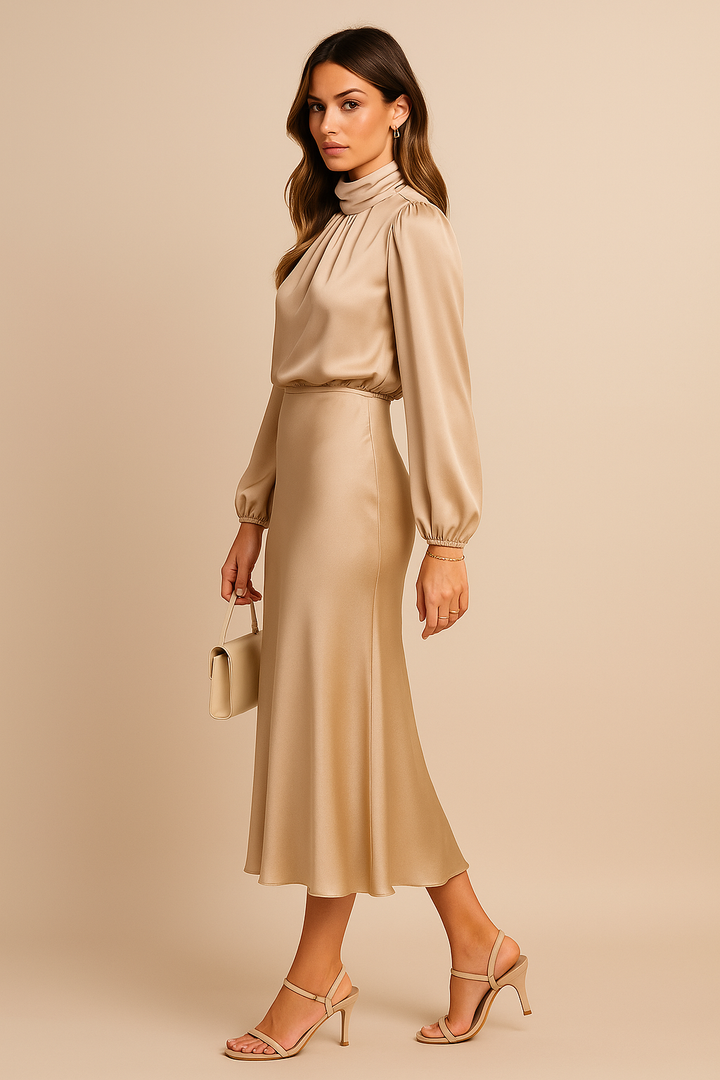 Women's High Neck Midi Dress Long Sleeve – Fitted Waist Flared Hem