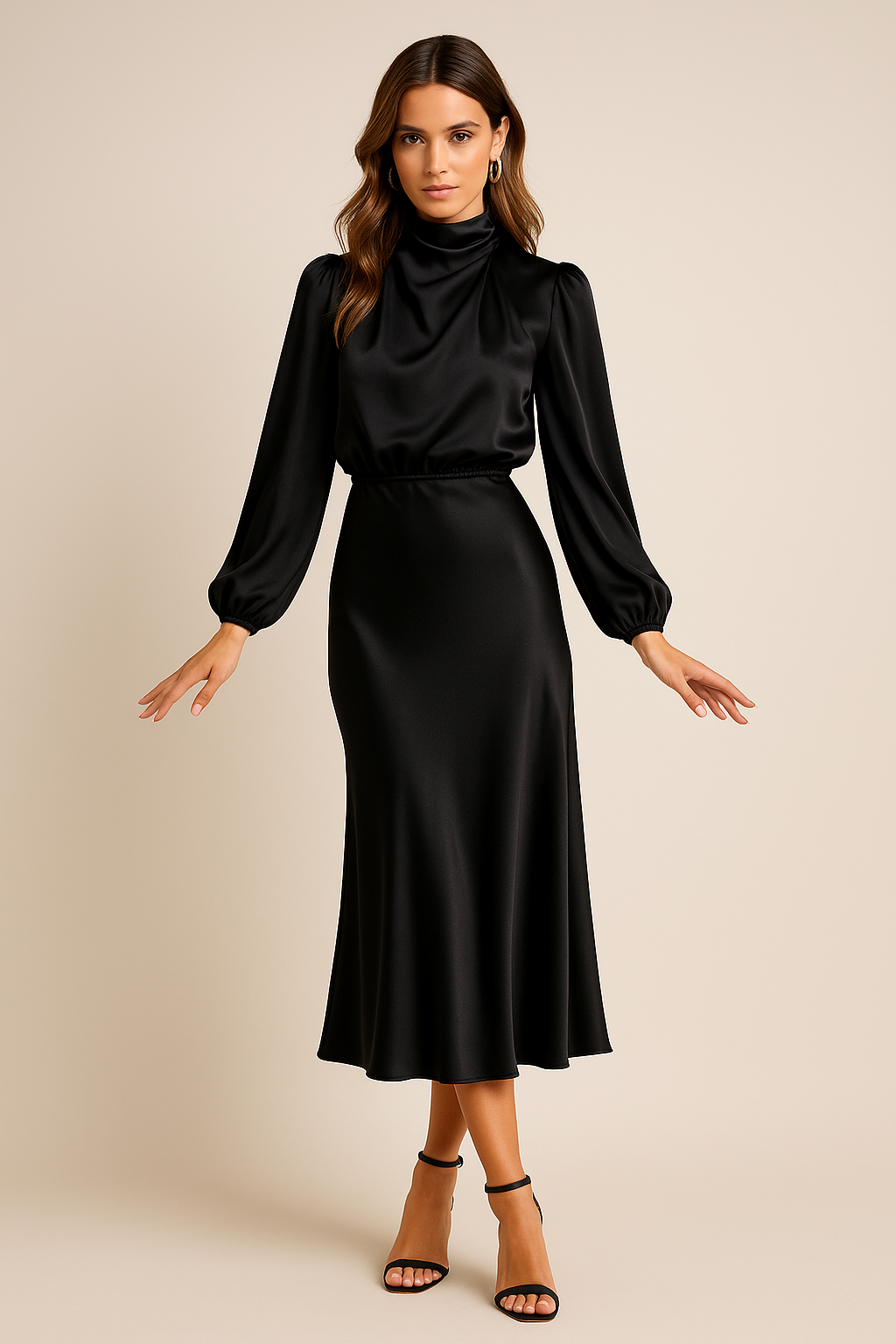 Women's High Neck Midi Dress Long Sleeve – Fitted Waist Flared Hem