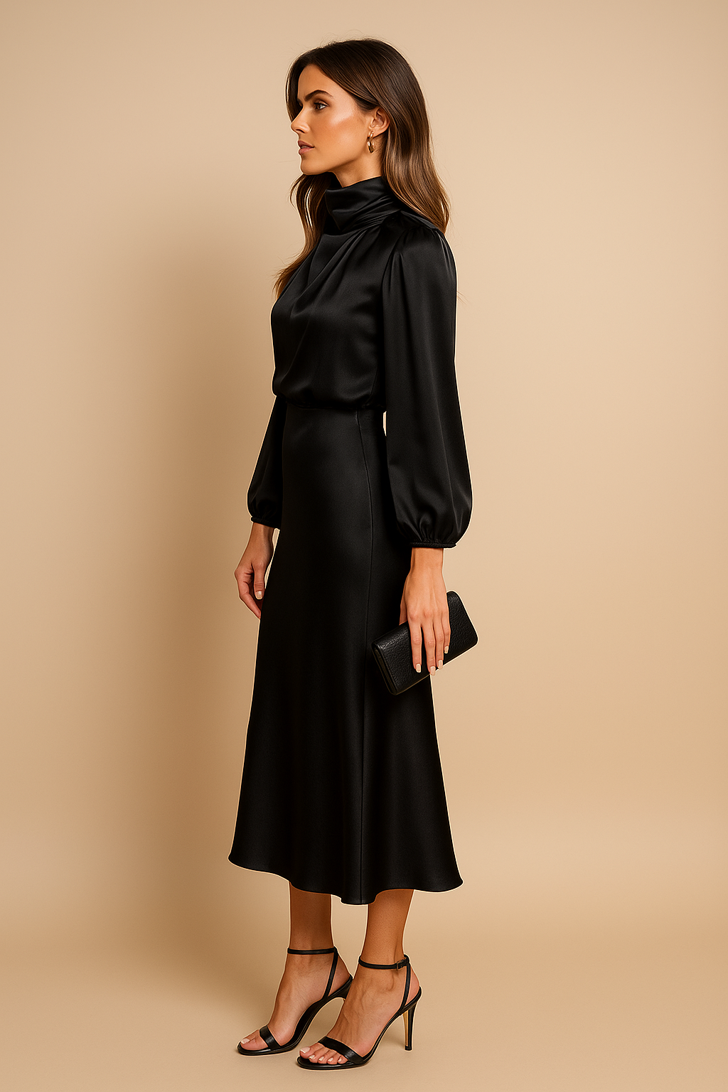 Women's High Neck Midi Dress Long Sleeve – Fitted Waist Flared Hem