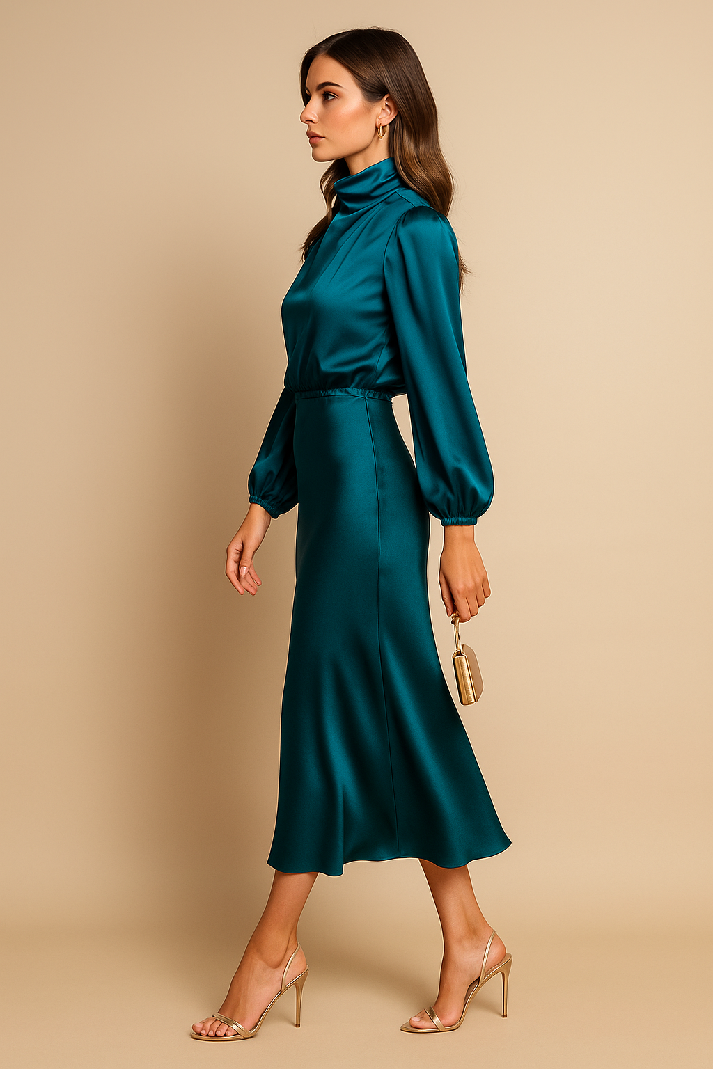 Women's High Neck Midi Dress Long Sleeve – Fitted Waist Flared Hem