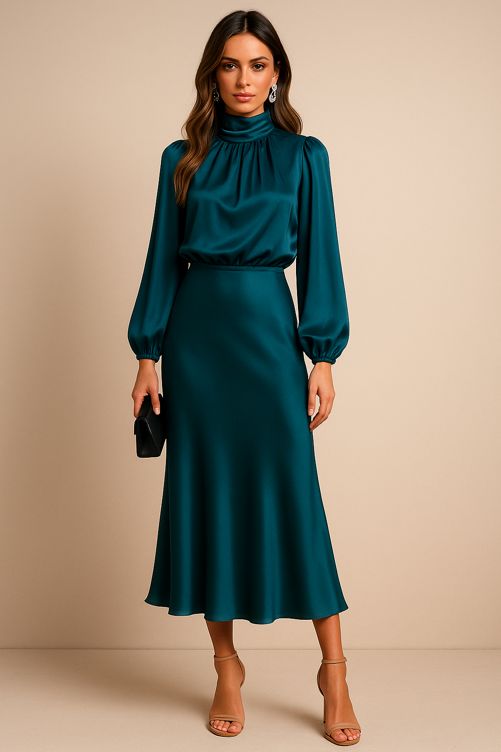 Women's High Neck Midi Dress Long Sleeve – Fitted Waist Flared Hem