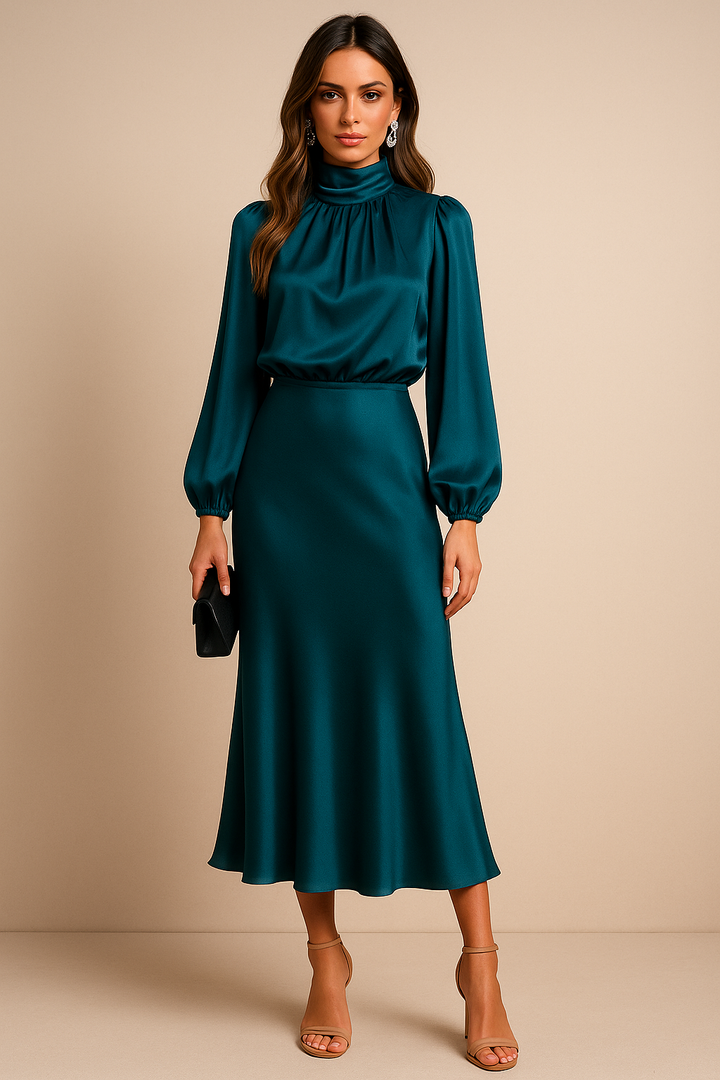 Women's High Neck Midi Dress Long Sleeve – Fitted Waist Flared Hem