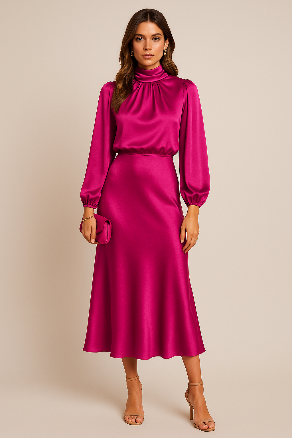 Women's High Neck Midi Dress Long Sleeve – Fitted Waist Flared Hem