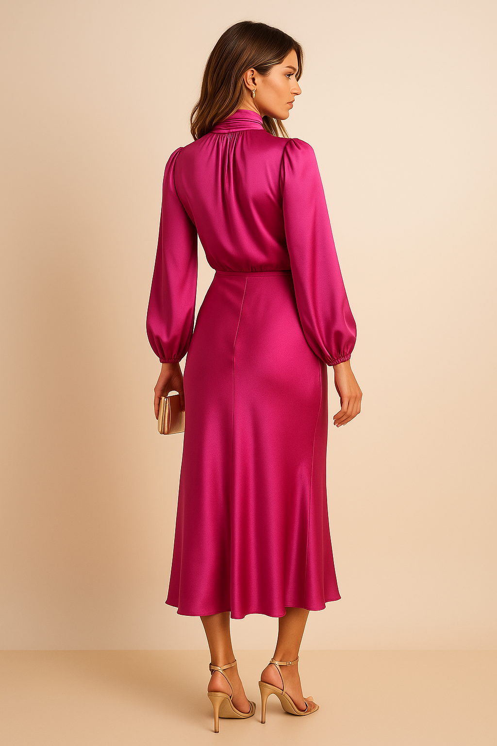 Women's High Neck Midi Dress Long Sleeve – Fitted Waist Flared Hem