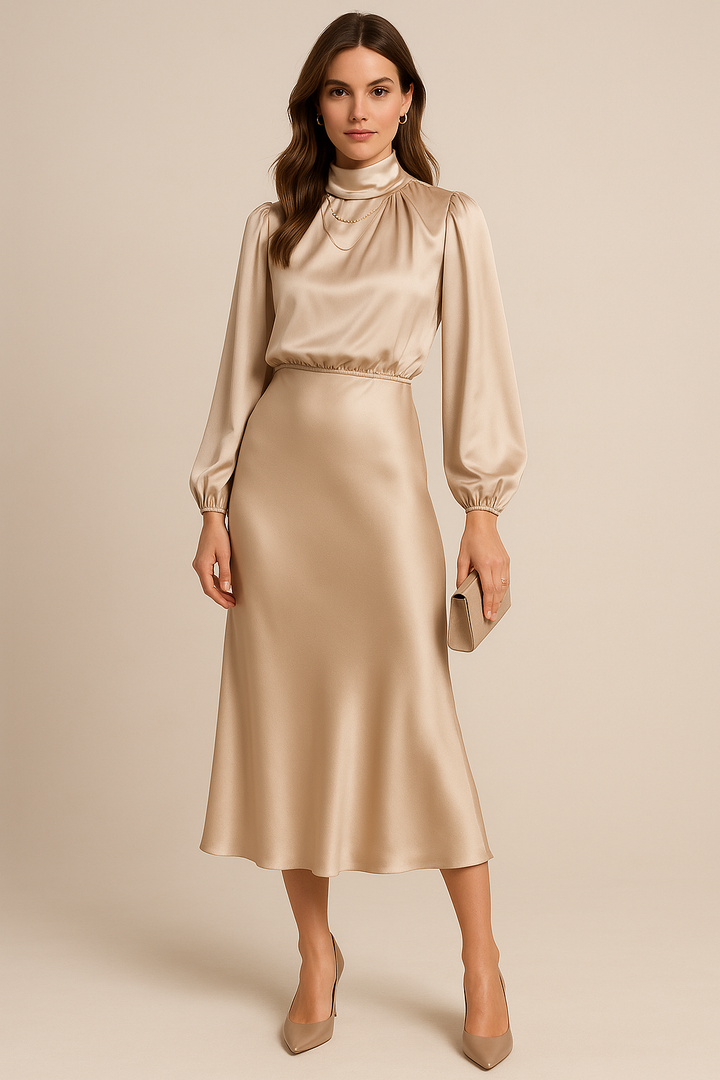 Women's High Neck Midi Dress Long Sleeve – Fitted Waist Flared Hem