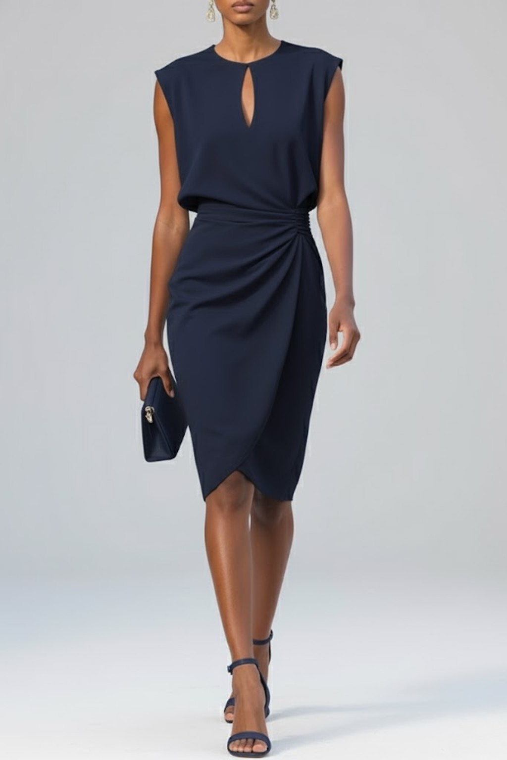 Women's Ruched Waist Midi Dress Keyhole Neckline – Slim Fit Cocktail