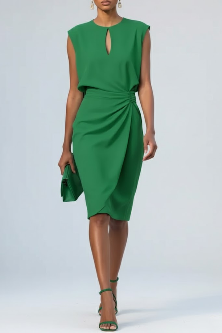 Women's Ruched Waist Midi Dress Keyhole Neckline – Slim Fit Cocktail