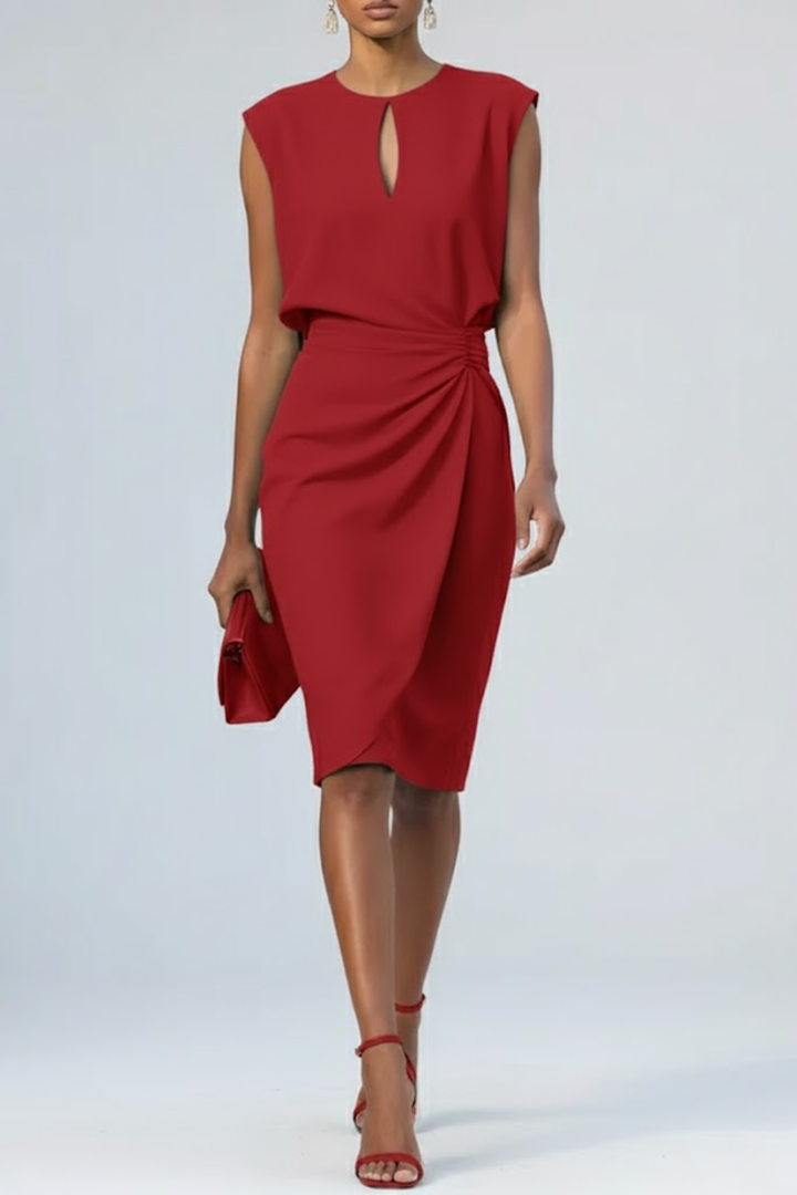 Women's Ruched Waist Midi Dress Keyhole Neckline – Slim Fit Cocktail