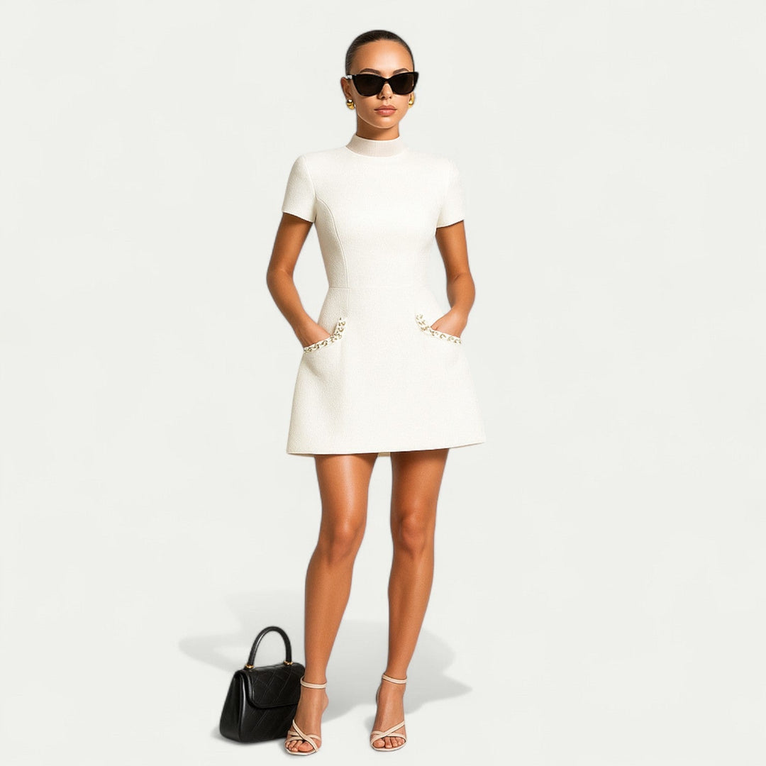Women's Pearl Trim Mini Dress Short Sleeve – Tailored Pockets