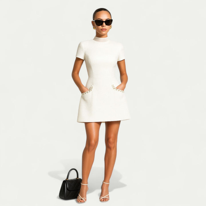 Women's Pearl Trim Mini Dress Short Sleeve – Tailored Pockets