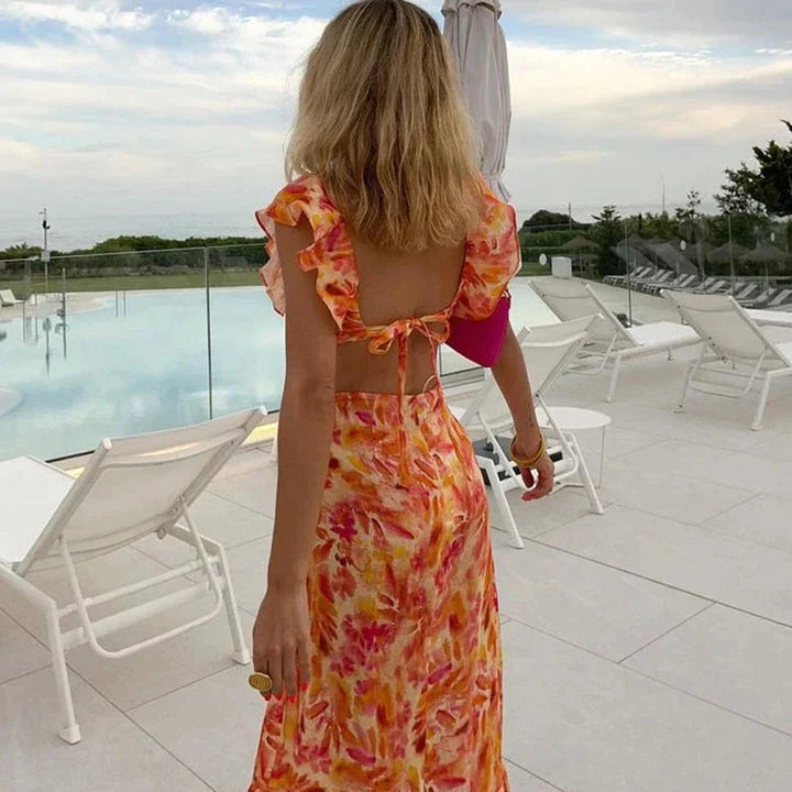 Women's Printed Ruffle Maxi Dress V-Neck – Batwing Sleeves Summer