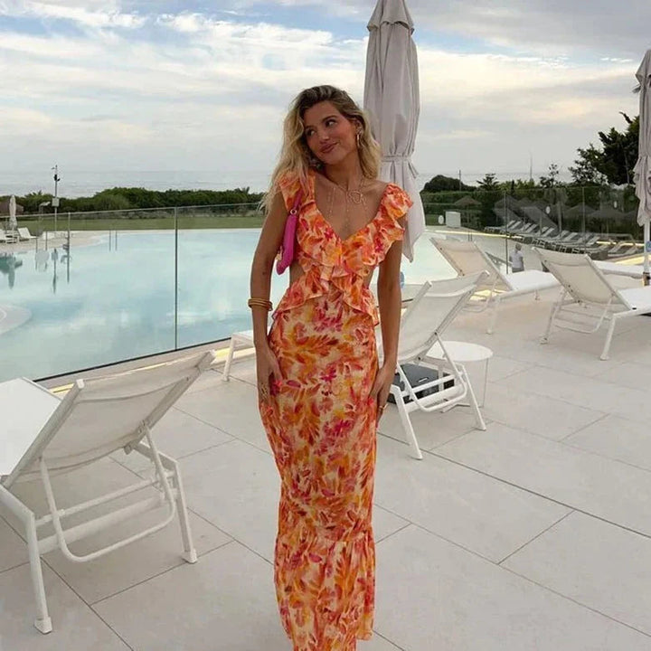 Women's Printed Ruffle Maxi Dress V-Neck – Batwing Sleeves Summer