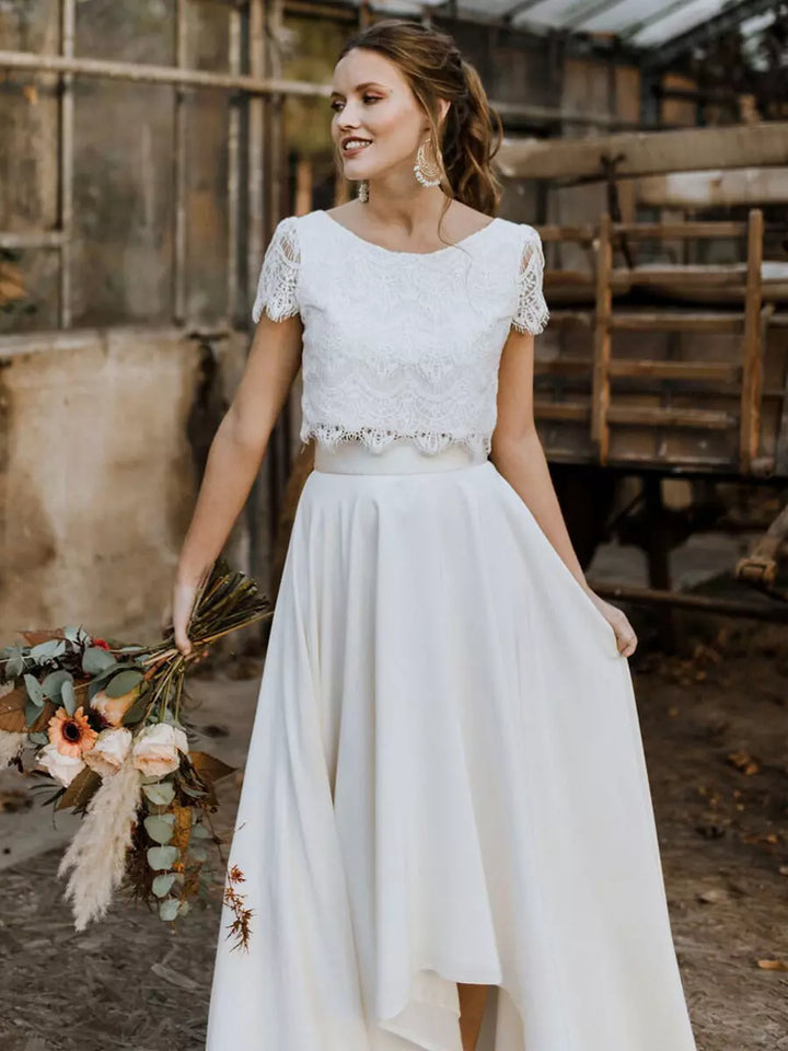 Women's Bridal Two-Piece Gown Lace Short Sleeve – Flowing Maxi Skirt Style
