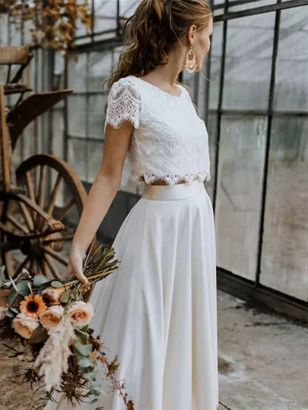 Women's Bridal Two-Piece Gown Lace Short Sleeve – Flowing Maxi Skirt Style