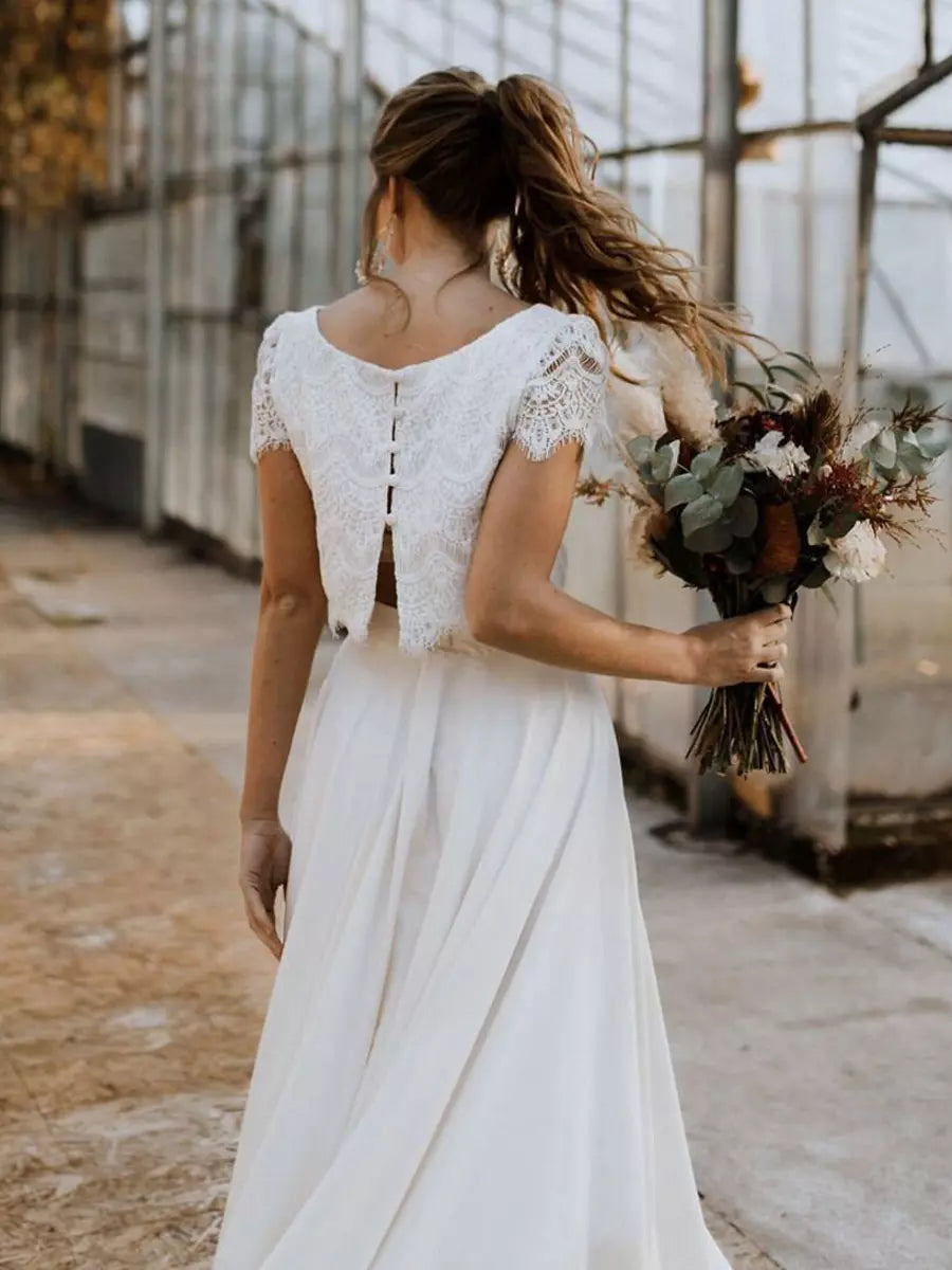 Women's Bridal Two-Piece Gown Lace Short Sleeve – Flowing Maxi Skirt Style