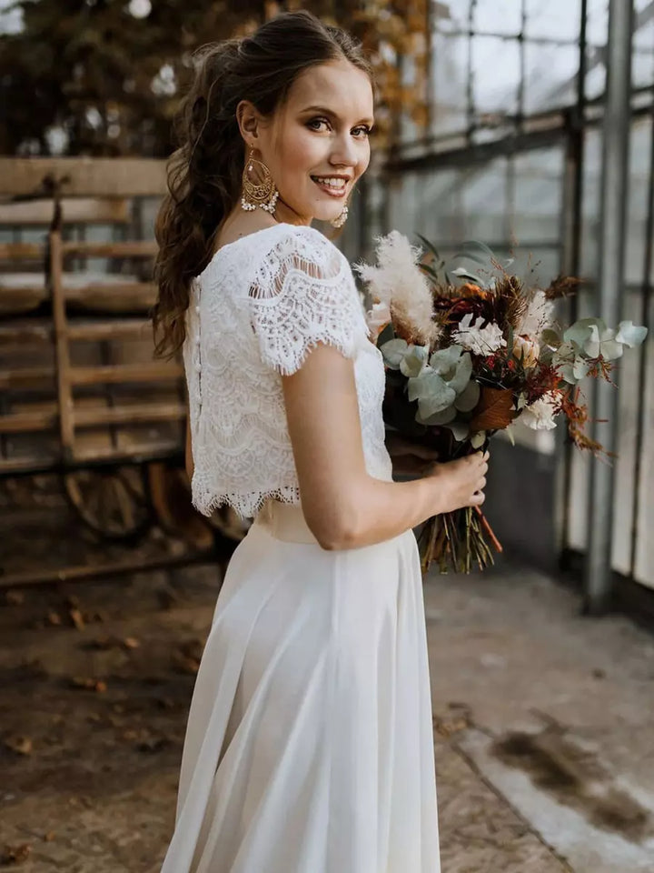 Women's Bridal Two-Piece Gown Lace Short Sleeve – Flowing Maxi Skirt Style