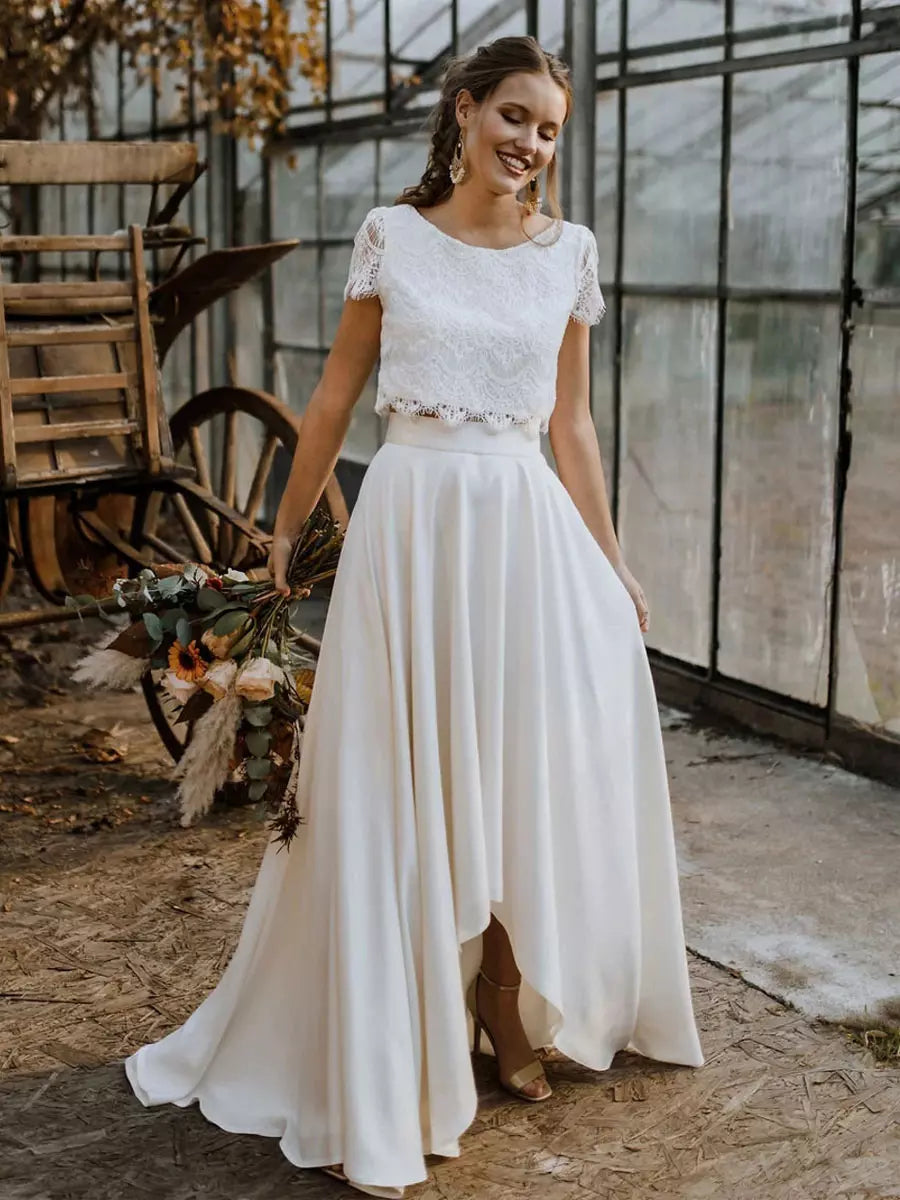 Women's Bridal Two-Piece Gown Lace Short Sleeve – Flowing Maxi Skirt Style