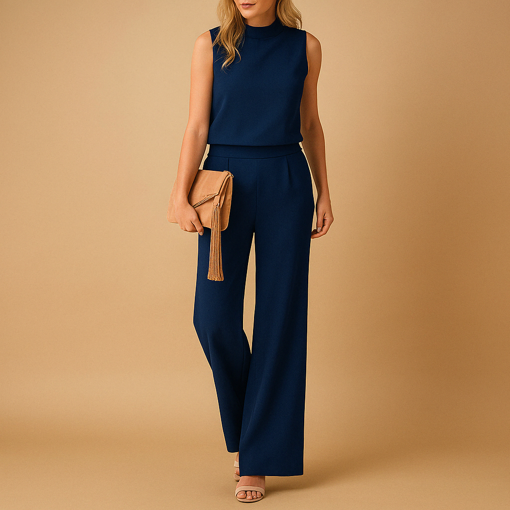 Women's Wide Leg Jumpsuit Round Neck Mid-Waist – Flowing Silhouette