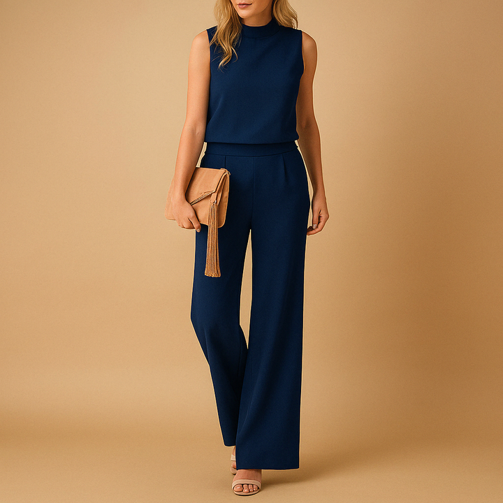 Women's Wide Leg Jumpsuit Round Neck Mid-Waist – Flowing Silhouette