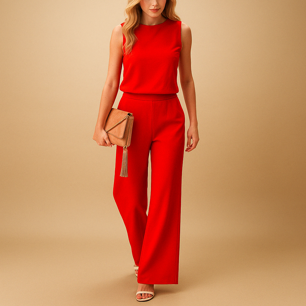 Women's Wide Leg Jumpsuit Round Neck Mid-Waist – Flowing Silhouette