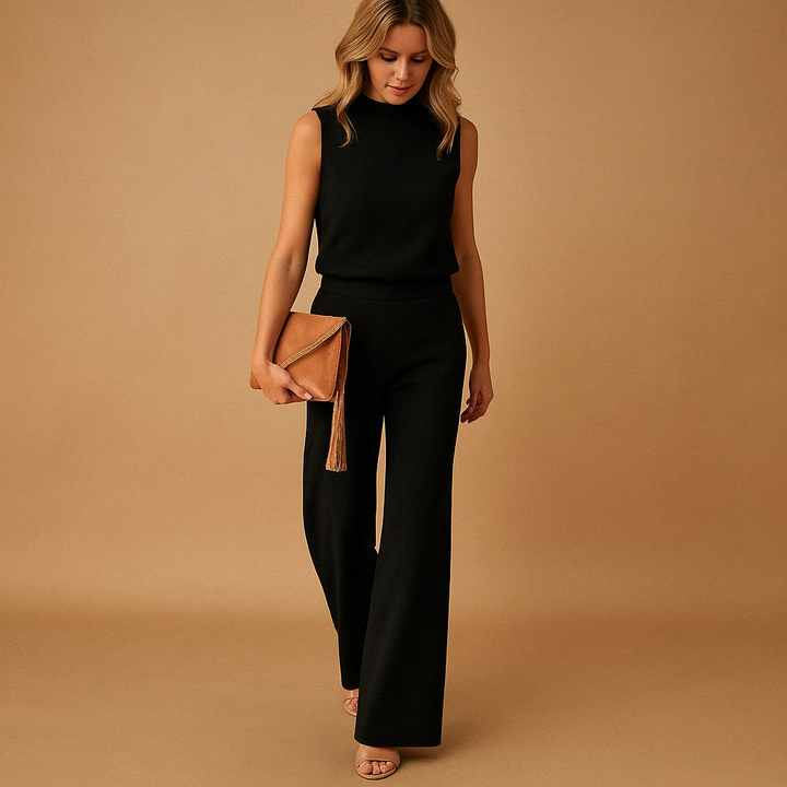 Women's Wide Leg Jumpsuit Round Neck Mid-Waist – Flowing Silhouette
