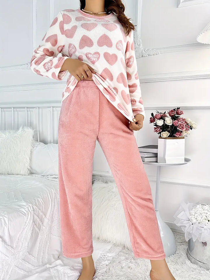 Fleece Pajama Set for Women – Long Sleeve Heart Print Lounge