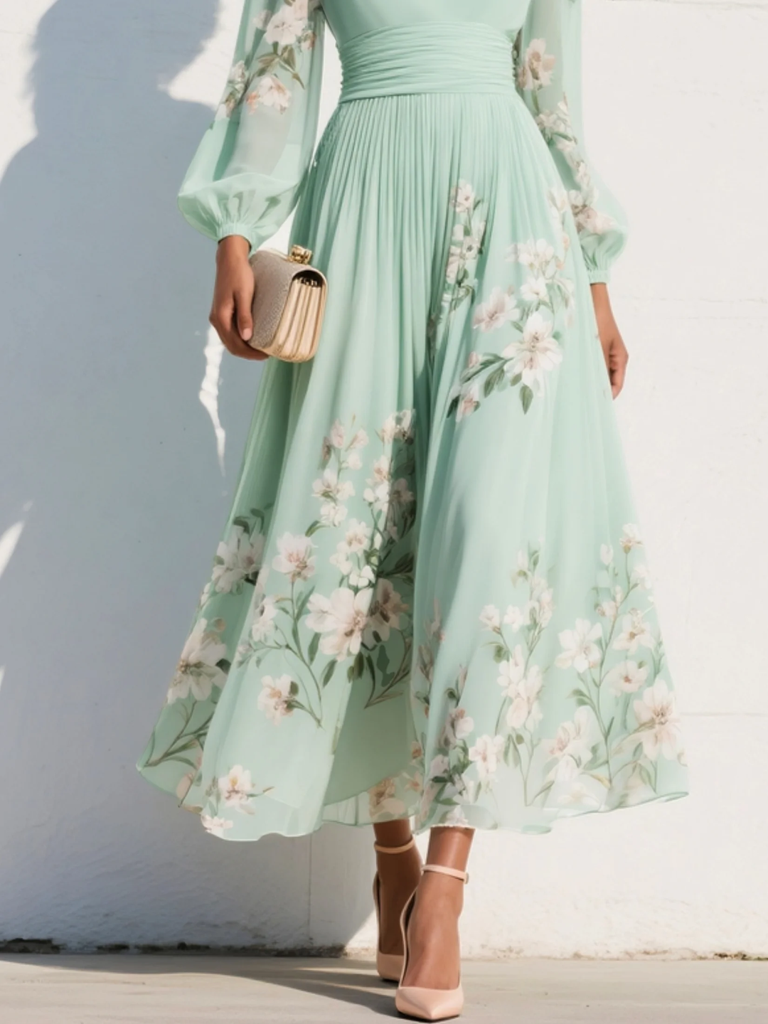 Women's Floral Maxi Dress V-Neck Bishop Sleeve – Pleated A-Line Flowing