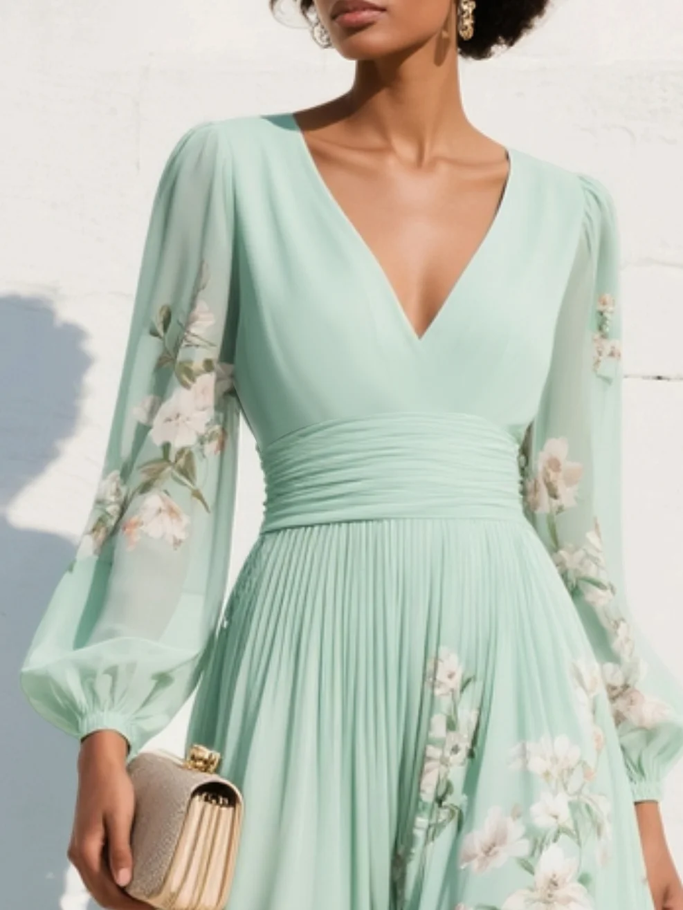 Women's Floral Maxi Dress V-Neck Bishop Sleeve – Pleated A-Line Flowing
