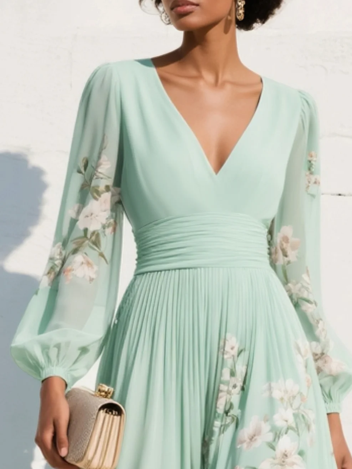 Women's Floral Maxi Dress V-Neck Bishop Sleeve – Pleated A-Line Flowing