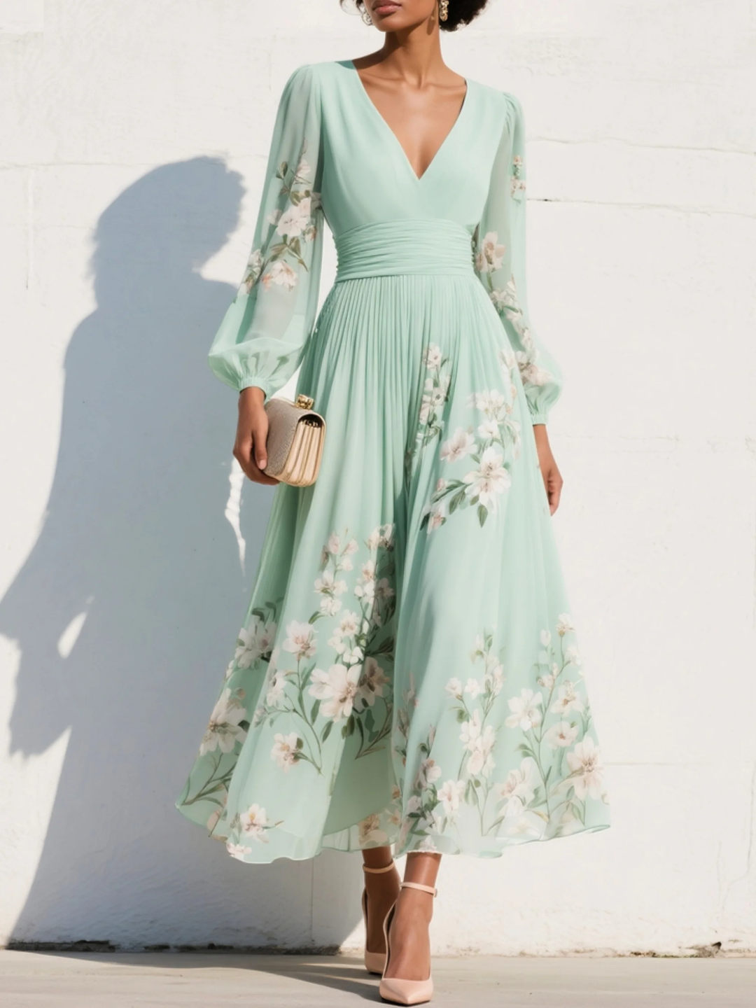 Women's Floral Maxi Dress V-Neck Bishop Sleeve – Pleated A-Line Flowing