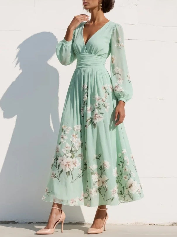 Women's Floral Maxi Dress V-Neck Bishop Sleeve – Pleated A-Line Flowing