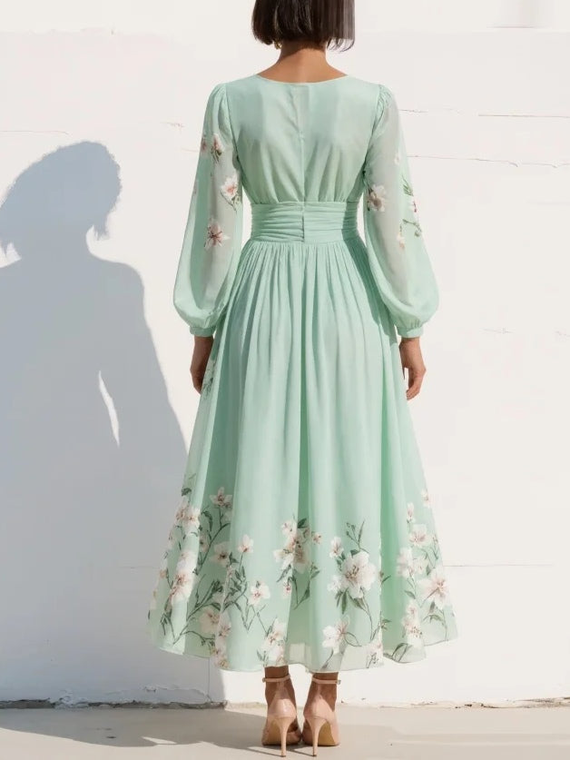 Women's Floral Maxi Dress V-Neck Bishop Sleeve – Pleated A-Line Flowing