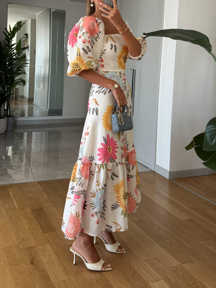 Floral Midi Dress – Puff Sleeve Tiered Boho Skirt for Women