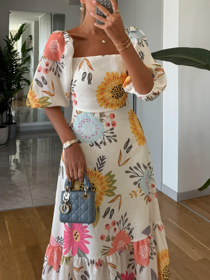 Floral Midi Dress – Puff Sleeve Tiered Boho Skirt for Women