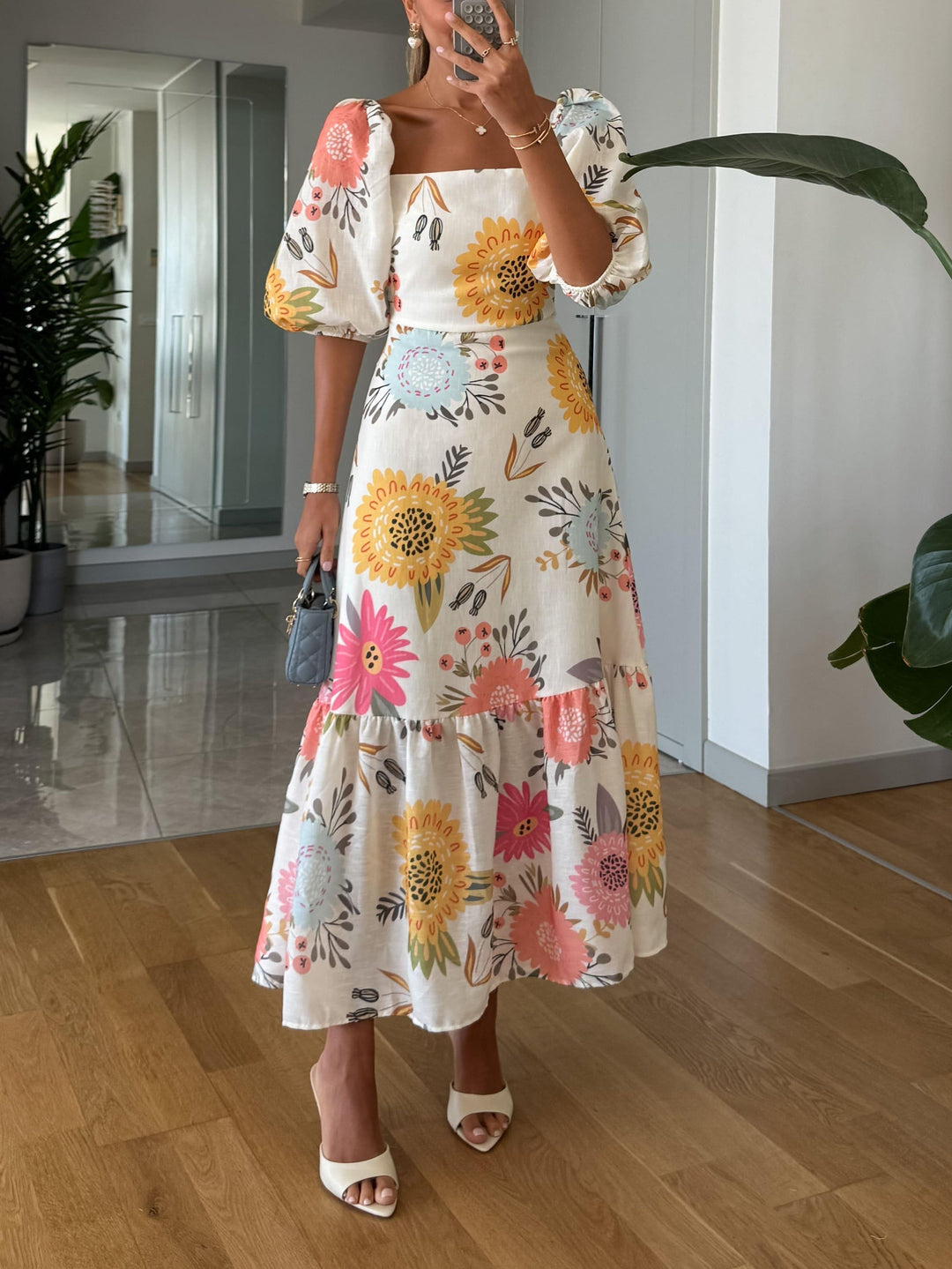 Floral Midi Dress – Puff Sleeve Tiered Boho Skirt for Women
