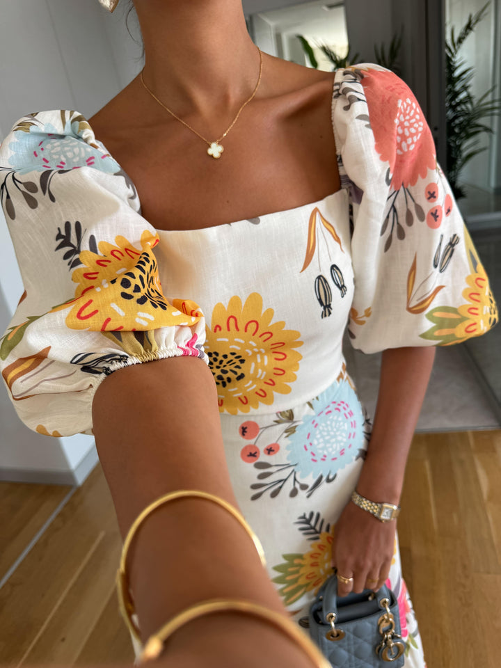 Floral Midi Dress – Puff Sleeve Tiered Boho Skirt for Women