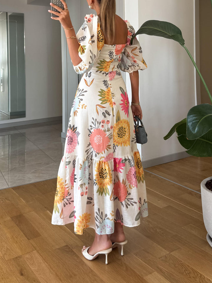 Floral Midi Dress – Puff Sleeve Tiered Boho Skirt for Women